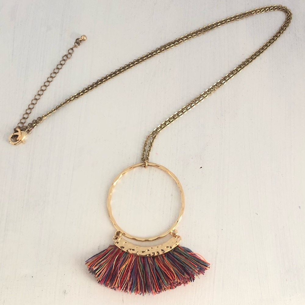 Gold Chain Necklace With Multicolor Fringe Pendant